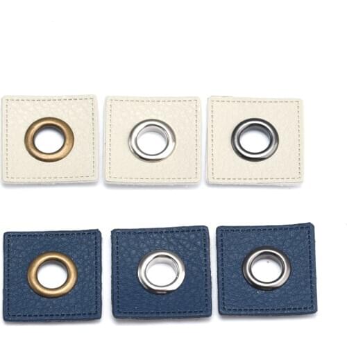 30pcs/lot 27mm square Navy/Beige PU leather sew on Badges patch labels + inner 8mm metal brass eyelets grommets free ship