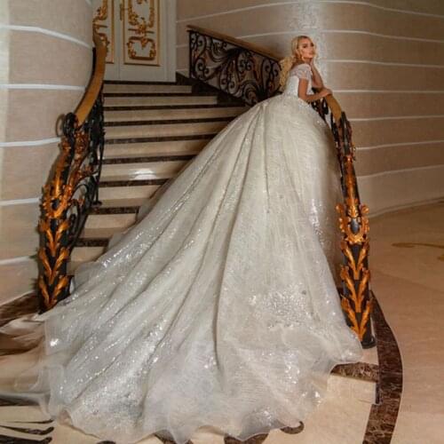 Sparkly Sequined Lace Wedding Dresses Luxury Beaded Crystal Bridal Dress With Long Train Elegant Saudi Arabia Wedding Gowns