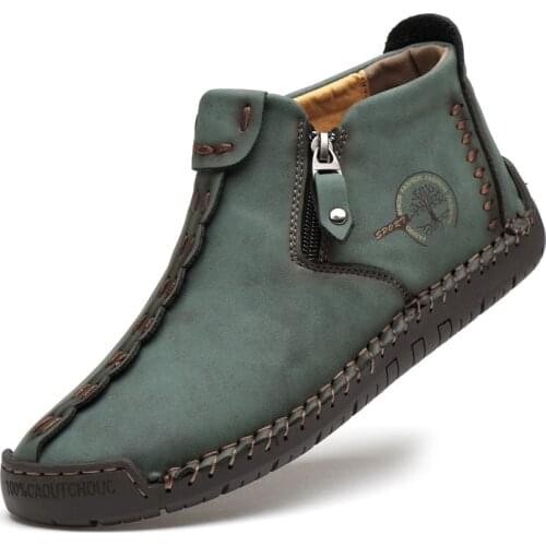 Handmade Leather Boots Winter With Fur Fashion Ankle Boots Khaki Green Outdoor Autumn Platform Boots Men Casual Leather Shoes 48