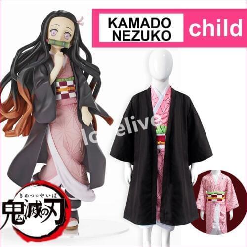 Anime Kids Kimetsu no Yaiba Demon Slayer Cosplay Costume Children Kamado Nezuko Kimono Dress Uniform Full Set Hair Wigs Girls
