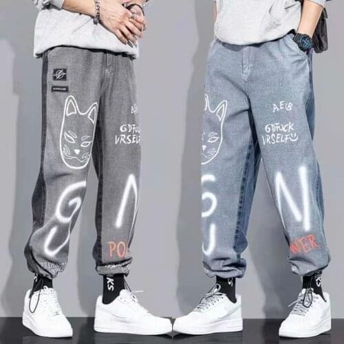 Fashion Mens Jeans Korean Men Clothing Hip Hop Jeans Harem Pants Casual Streetwear print Men Jeans Elastic Waist Men Trousers