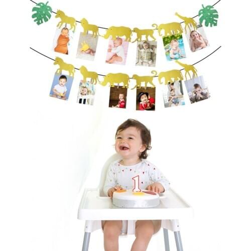JQSYRISE Jungle Safari Animal Photo Banner Happy Birthday Party Decor Baby Shower Boy Girl 1st Birthday Bunting Garland Supplies