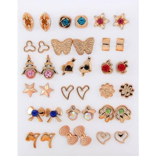 Julie Wang 18Pairs Plastic Stud Earrings Set Mixed Styles Rhinestone Star Heart Geometric Animal Flower Women Girls Jewelry