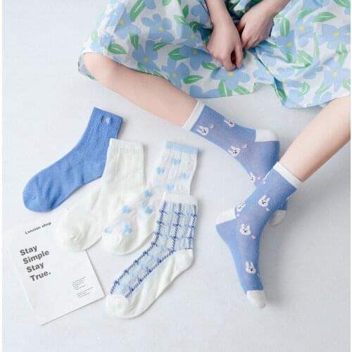 Japanese Style Cartoon Print Cute Women Socks Summer Ultra-Thin Breathable Long Socks Lolita Lace Girls Sweet Harajuku Crew Sock