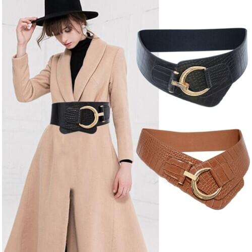 Fashionable 2020 New Lady Elastic Elastic Waist Seal Retro Black Imitation Leather Python Pattern Elastic Wide Belt Bg-1487