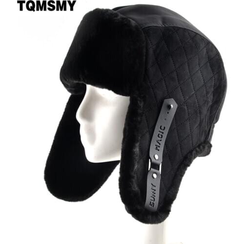 Imitation leather fabric ear flaps hat men ushanka snow keep warm caps unisex bomber hat women winter hats for mens cap bone