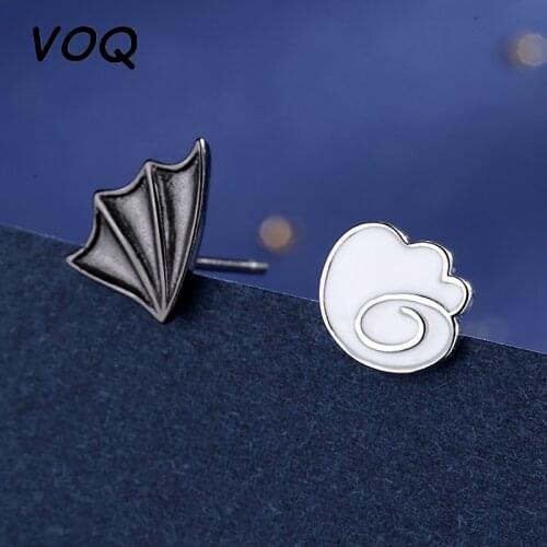 VOQ 925 Sterling Silver Small Demon Earrings Men and Women Small Clever Personality Black Angel Wings Cute Cloud Earrings