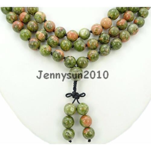 Natural Unakite 10mm Gems Stone Buddhist 108 Beads Prayer Mala Knot Necklace Multi-Purpose 5Strands/Pack