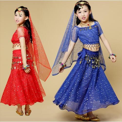 New Children Belly Dance Costumes Royal blue/sky blue/yellow/red/rose red 5 colors Girls Bollywood Indian Performance Clothing
