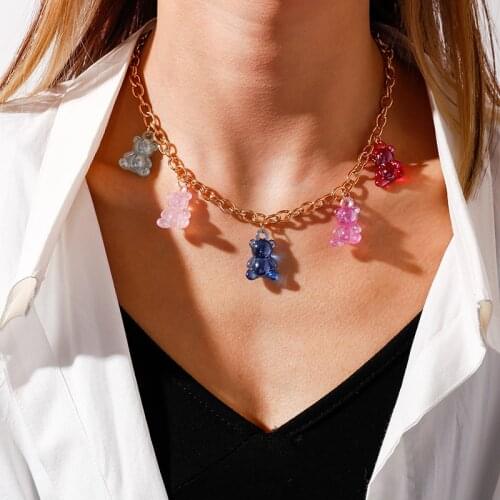 Handmade Candy Colors Cute Cartoon Bear Charm Necklace for Women Girl Daily Jewelry Party Gifts Jelly Color Bears Necklace Gifts