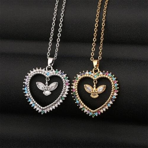 Womens Girl Dainty Heart Zircon Pendant Necklace Love Wing Metal Long Necklaces Classic Popular Holiday Jewelry Gifts Wholesale