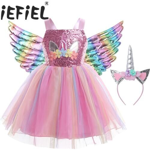 Kids Girls Halloween Cosplay Dress Shiny Sequins Mesh Princess Tutu Dress with Hair Hoop Wings for Themed Party Costume Dress Up