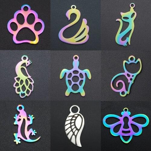 5pcs/lot 100% Stainless Steel Rainbow Feather Angel Wing Charm Pendant Wholesale Animal Cat Paw Charms for DIY Jewelry Making