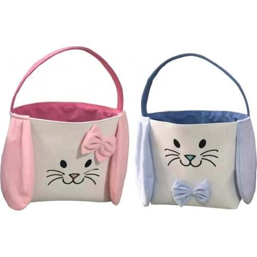 Rabbit Design Bowknot Canvas Bucket Easter Bunny Tote For Kids Egg Hunt Basket Happy Easter Party Decoration Easter Supply