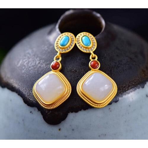 Silver inlaid natural Hetian white jade earrings Chinese style retro charm unique Bohemian noble womens brand jewelry