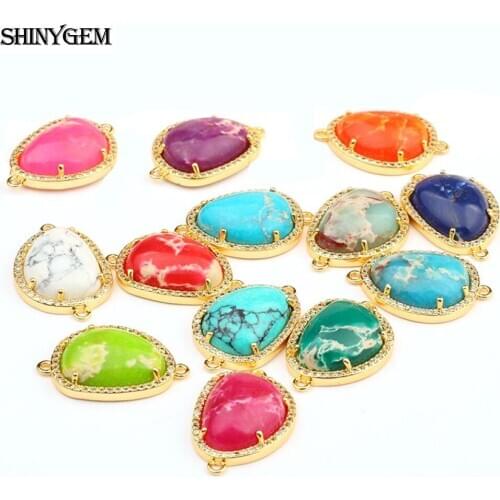 ShinyGem 15*20mm Inlay Rhinestone Gold Plating Sea Sediment Jasper Stone Pendant Connector For DIY Jewelry Making Earrings