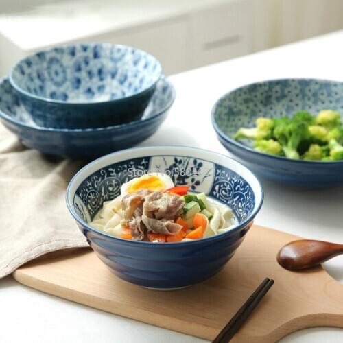 Blue and White Chinese Ceramic Dinner Soup Noodle Big Deep Bowl Tableware Hotpot Restaurant Bowls