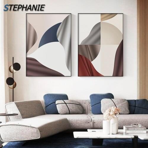 Nordic Colorful Geometric Abstract Canvas Painting Blue Color Block Poster Print Wall Art Pictures for Living Room Bedroom Decor