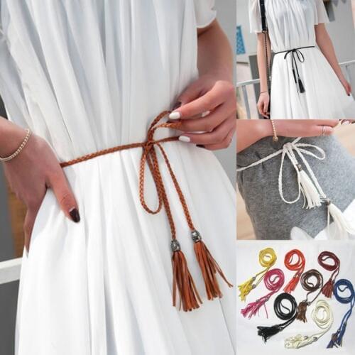 Thin PU Leather Belt Women Dress Strap Tassel Fringe Chain Belts for Women Red Brown Black White Yellow Waist Belts