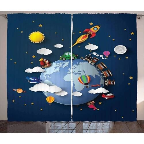 Travel Curtains Journey on Earth with Car Rocket Spaceship Train Holiday Adventure Cosmos Living Room Window Drapes Panel