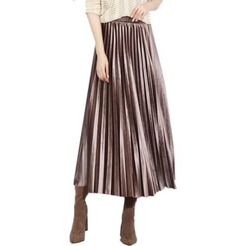Gold Velvet Skirt Women Spring Fall Metallic Color Pleated Skirt Lady With Lining Elastic Waist Big Skirt High Waist Long Skirt