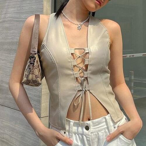 Women Summer Crop Tops Solid Color Hollow-Out Cross Straps Sleeveless Tank Tops for Female Beige