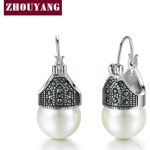 ZHOUYANG Drop Earring For Women Vintage Imitation Pearl Black Crystal Silver Color Fashion Jewelry Wedding Party Gift E702 E700