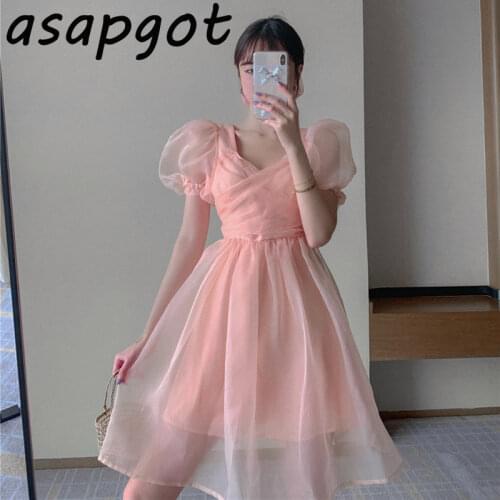 Plus Size Square Neck Puff Short Sleeve Pink Organza Dress Women Summer Fashion 2021 New Back Bow Big Swing Vestido Sweet Korean