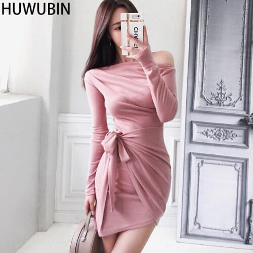 2021 New Korean Womens Fashion Elegant Temperament Slim Pleated Slant Shoulder Knitted Bag Buttock Tie Bottom Dress