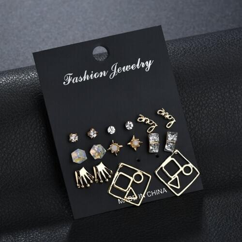 8 Pairs Fashion Hollow Metal Letter Love Crown Square Triangle Round Stitching Opal Stud Earrings Set for Women Girl Ear Jewelry