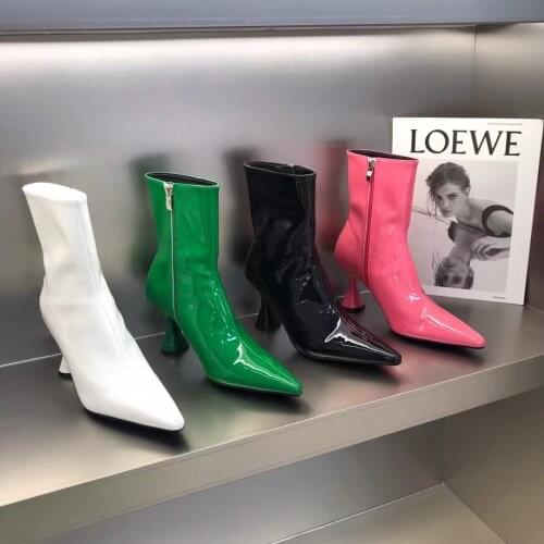 Patent Leather Women Ankle Boots Pointed Toe Thin High Heels Bling Candy Color Side Zipper Short Winter Boots Chelsea Botas