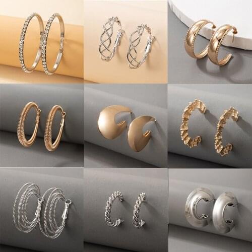 Docona Punk C Shape Zircon Crystal Hoop Earring for Women Gothic Geometry Hollow Metal Alloy Earings Female Jeweley Accessory