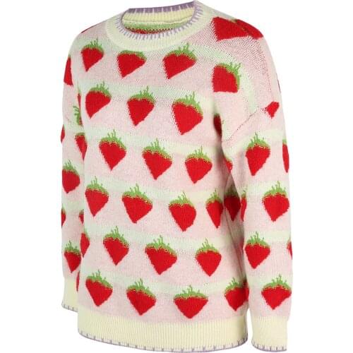 Breathable Girls Long Sleeve Knitwear Autumn Winter Ladies Strawberry Embroidery Round Collar Loose Knitted Tops Casual Sweater