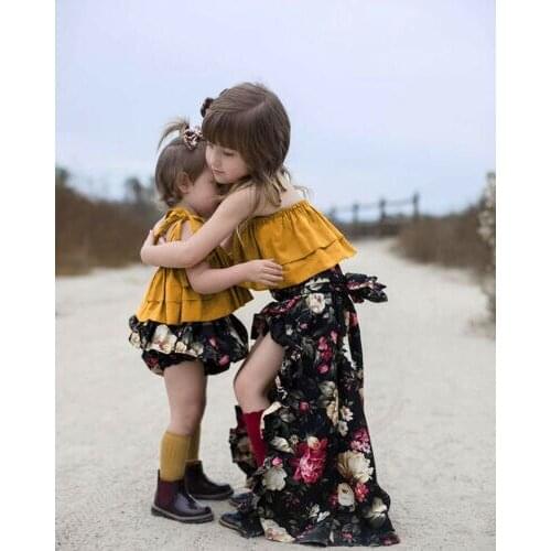 Family Matching Outfits Sisters Matching 2 Pcs Floral Printed Set Newborn Baby Girls Sleeveless Tops Dress