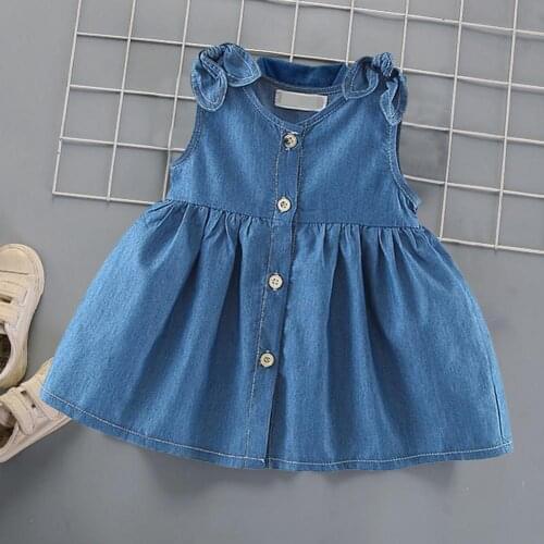 Two Bow Lovely Girls Dresses Cotton Denim SleeveLess Princess Dress Soft Breathable Comfortable Clothes for Girl