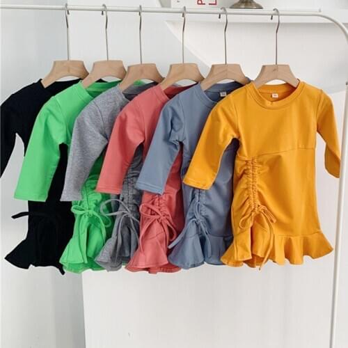 Korean Style Girls Dress 2020 Spring Kids Clothes Long Sleeve Casual Children Dress Cute Ruffle Hem Dress RT828