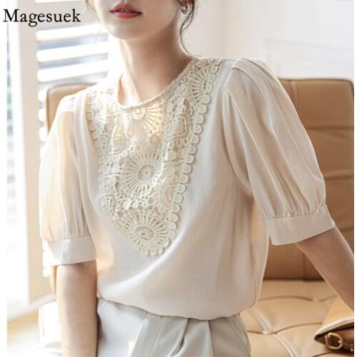 Puff Sleeve Vintage Crochet Lace Blouses and Shirts Women O Neck Embroidery Loose Shirt Tops Women Clothing 2021 Summer 13745
