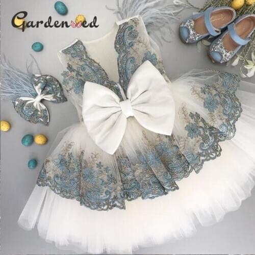 Puffy Lace Appliques Girl Pageant Dresses Baptism Dress Back Satin Bow Knot First Communion Dresses Tulle Flower Girl Dresses