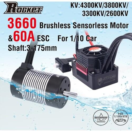 Rocket 3660 Waterproof Brushless Sensorless Motor 4300KV 3800KV 3300KV 2600KV w/60A ESC for 1/10 RC Car