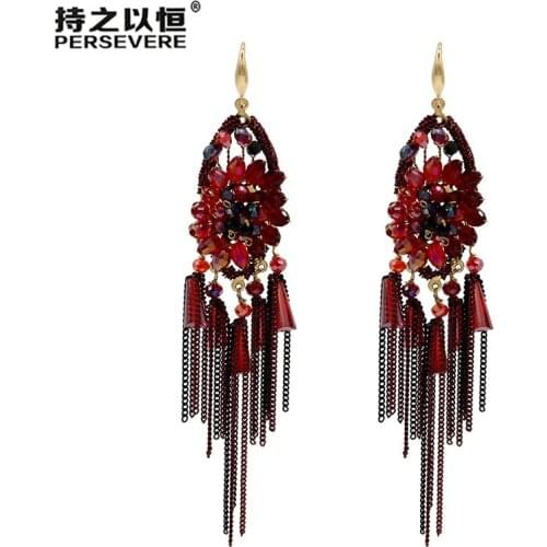 Luxury Crystal Beaded flower Black Red Blue Long chain tassel earrings for women Handmade Boho Bridal wedding jewelry