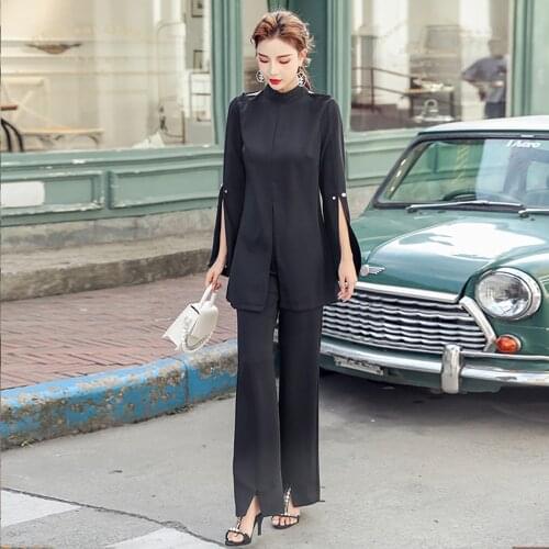 SMTHMA 2020 New Fashion Elegant Women Two Piece Set Sexy split Long Sleeve Black Long Blouse +High Waist Flare Pant Suit