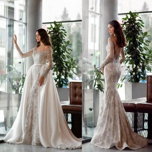 Mermaid Wedding Dresses Scoop Neck Long Sleeves Backless Bridal Gowns Lace Appliques Sequins Detachable Train Wedding Dress