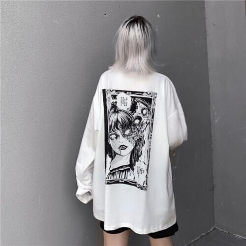 Loose White Summer Funny Printed Cartoon Funny Tee Japan Tee Printed T-shirt Kpop Hip Hop Loose Kpop Tshirts Females Tops