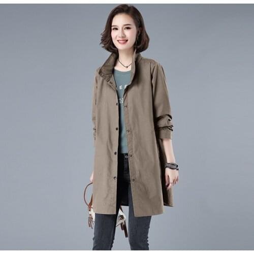 Fashion Womens Trench Coat New Spring Autumn Stand-Up Collar Casual Khaki Coat Loose Plus Size Windbreaker Outerwear Famale