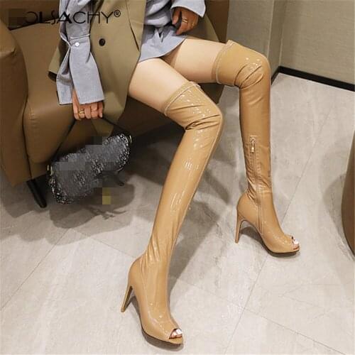 Shoes Woman Zapatos Mujer Pumps Patent leather Sexy Over The Knee Boots Chaussure Femme Peep Toe High Heels Sapato Feminino
