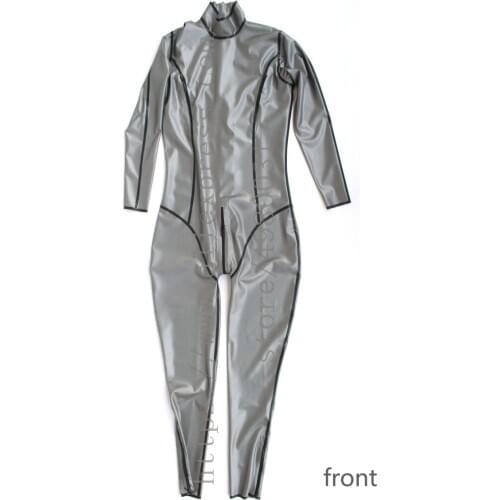 Unisex catsuit metallic silver latex zentai with breast and feet hidden zippers and back zip to abdomen with black trim colors