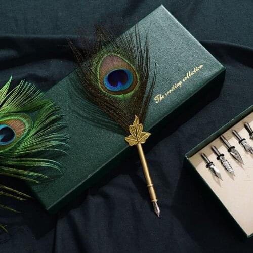 Vintage Calligraphy Quill Peacock Feather Dip Fountain Pens Writing Ink Nibs Art