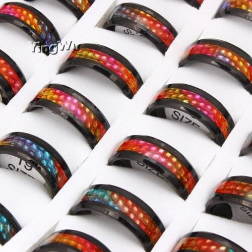 Yingwu 5pcs Lot Wholesale For sale fashion 8mm black color inner arc sticker fish scale pattern rainbow Stainless Steel Rings