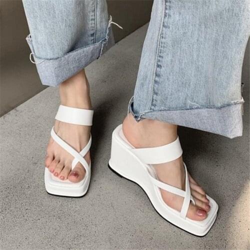 New 2021 Summer Fashion Women High Heels Flip Flops Slippers Sexy Wedge Sandals Square Open-toed Heel Beach Women Slippers