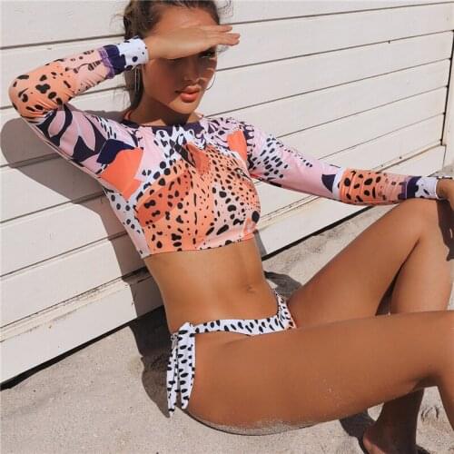 Surfing Swimsuit For Women Bikini Suit Long Sleeve Beachwear Tiger Print Push Up Summer Bath Suit Two Piece Bandeau Biquini